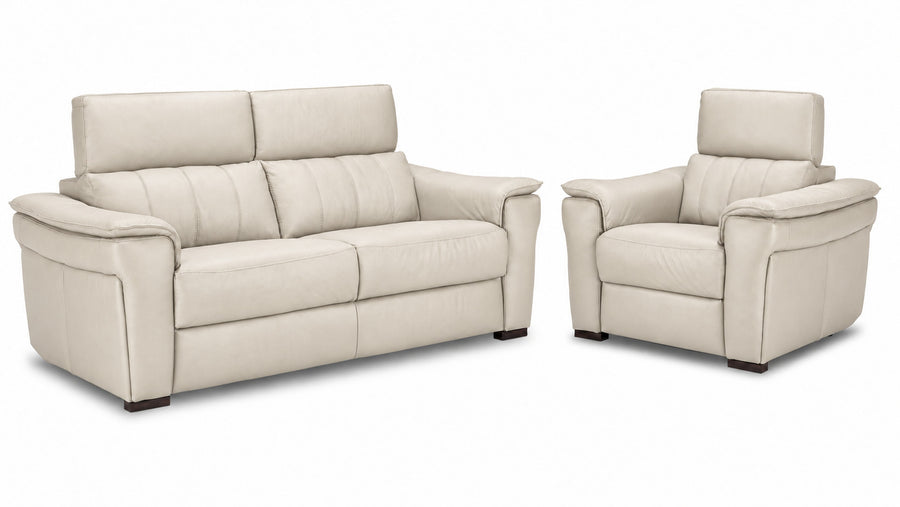 Orlando-Ray cream leather sofa and chair set with padded arms and adjustable headrests