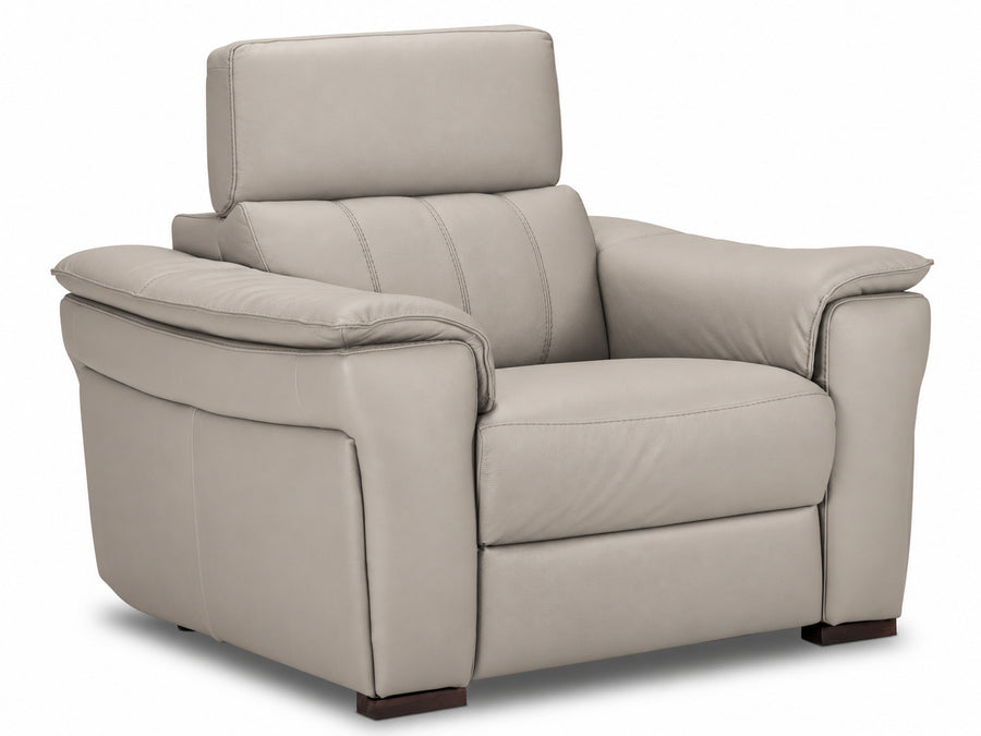 Orlando-Ray light grey leather chair with wide padded arms and raised adjustable headrest