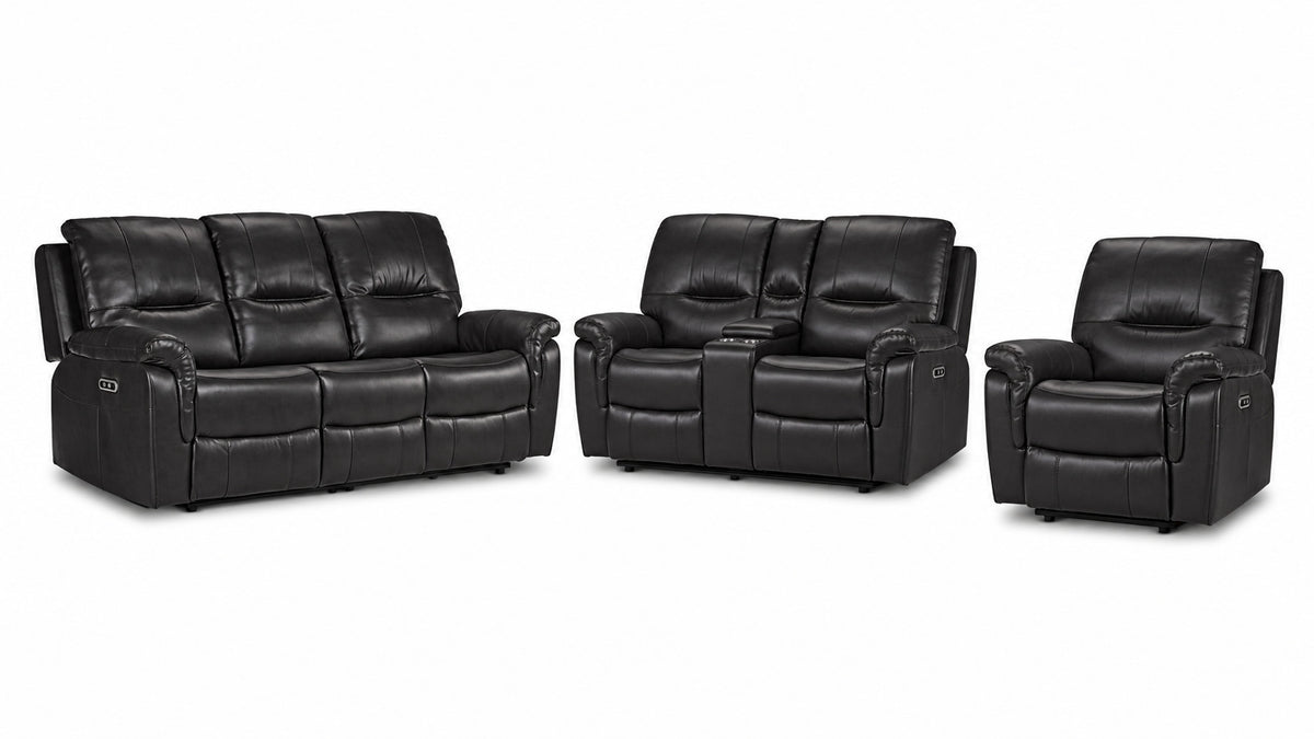 Peyton Power Reclining Sofa, Loveseat and Recliner Set - Grey with plush backs, padded arms and power controls