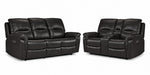 Peyton Power Reclining Sofa and Loveseat Set - Grey with plush backs, padded arms and centre console