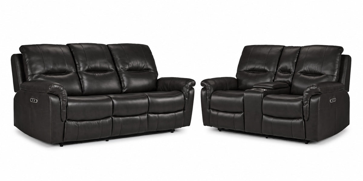 Peyton Power Reclining Sofa and Loveseat Set - Grey with plush backs, padded arms and centre console