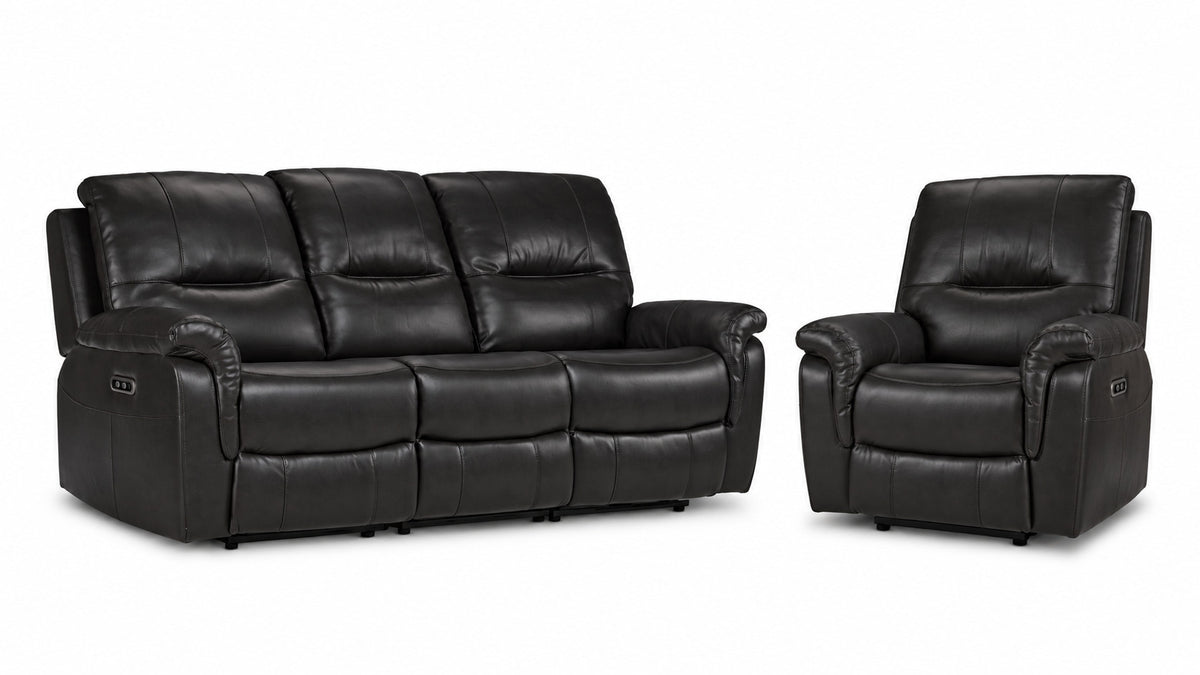 Peyton Power Reclining Sofa and Recliner Set - Grey with plush backs, padded arms and side-mounted power controls