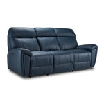 Apollo Leather Dual Power Reclining Sofa - Navy angled view with plush headrests, padded arms and three seats