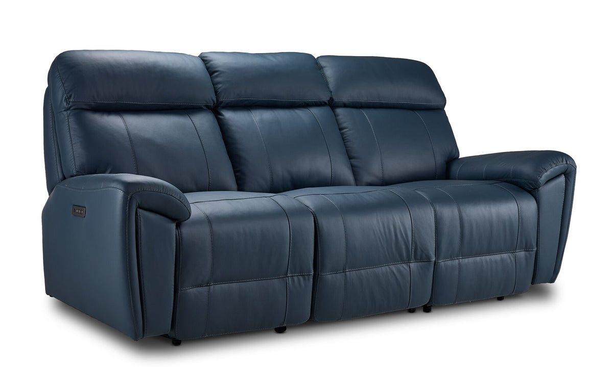 Apollo Leather Dual Power Reclining Sofa - Navy angled view with plush headrests, padded arms and three seats