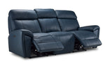 Apollo navy leather reclining sofa angled view with both end footrests extended and centre seat upright