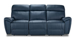 Apollo navy leather power reclining sofa front view with three cushioned seats, plush headrests and padded arms