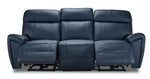 Apollo navy leather reclining sofa front view with both end footrests extended and adjustable headrests
