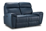 Apollo navy leather dual power reclining loveseat angled view with two cushioned seats and plush headrests