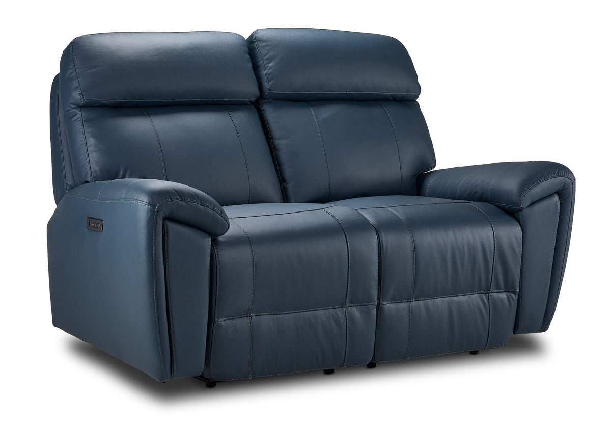 Apollo navy leather dual power reclining loveseat angled view with two cushioned seats and plush headrests