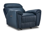 Apollo navy leather glider recliner angled view with backrest reclined and footrest closed
