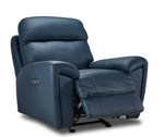 Apollo navy leather glider recliner angled view with power footrest extended and plush padded seating