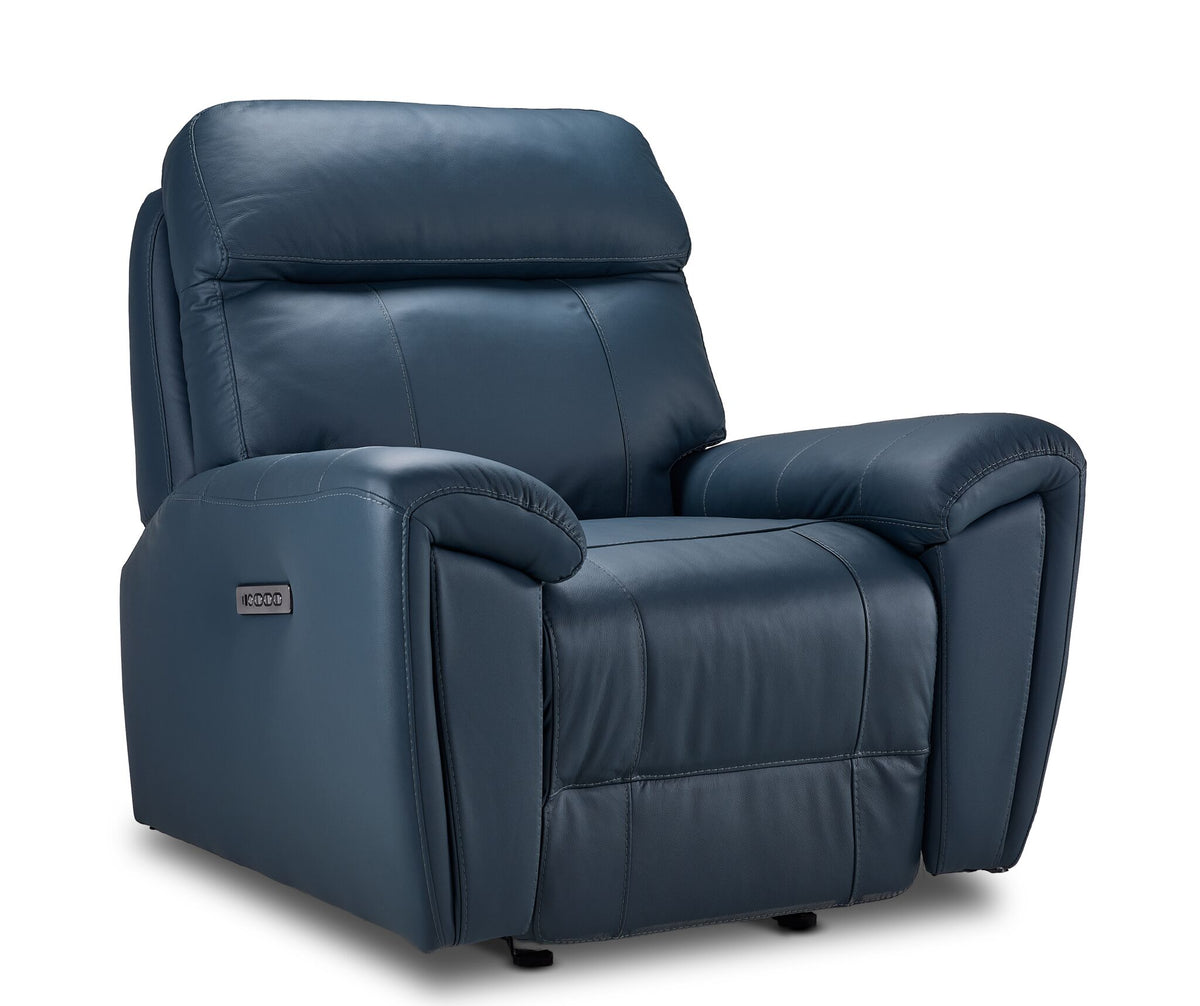 Apollo navy leather dual power glider recliner angled view with plush headrest, cushioned seat and padded arms