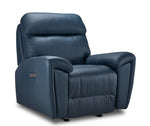 Apollo navy leather dual power glider recliner angled view with plush headrest, cushioned seat and padded arms