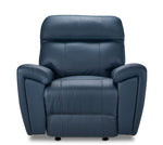 Apollo navy leather glider recliner front view with plush headrest, cushioned back and padded pillow-style arms