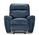 Apollo navy leather glider recliner front view with power footrest extended and padded headrest