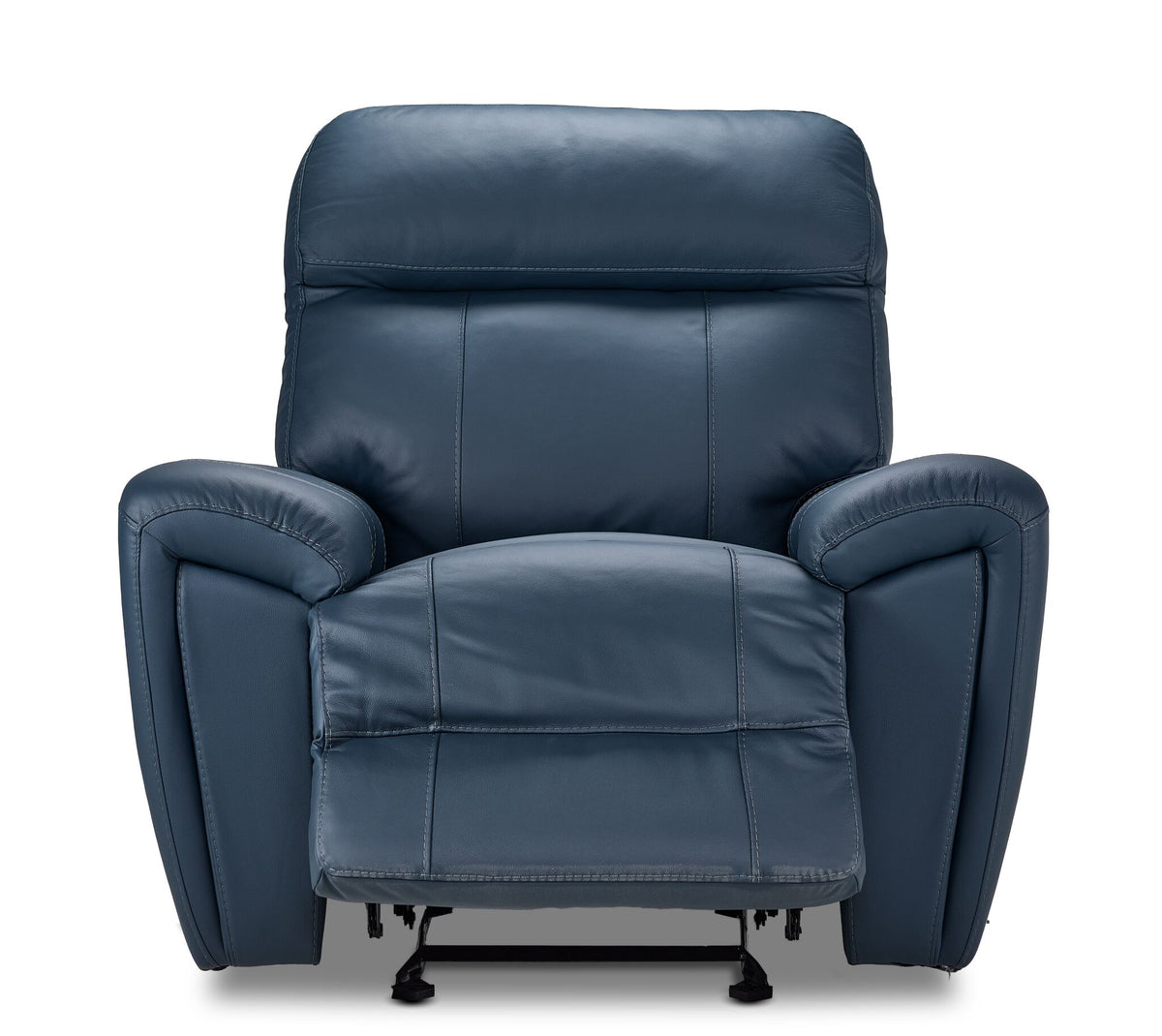 Apollo navy leather glider recliner front view with power footrest extended and padded headrest
