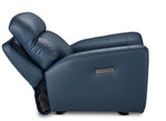 Apollo navy leather glider recliner side view with backrest and adjustable headrest reclined and power controls visible