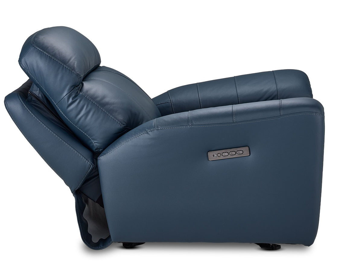 Apollo navy leather glider recliner side view with backrest and adjustable headrest reclined and power controls visible