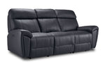 Apollo black leather dual power reclining sofa angled view with three cushioned seats, plush headrests and padded arms