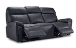 Apollo black leather reclining sofa angled view with both end footrests extended and centre seat upright