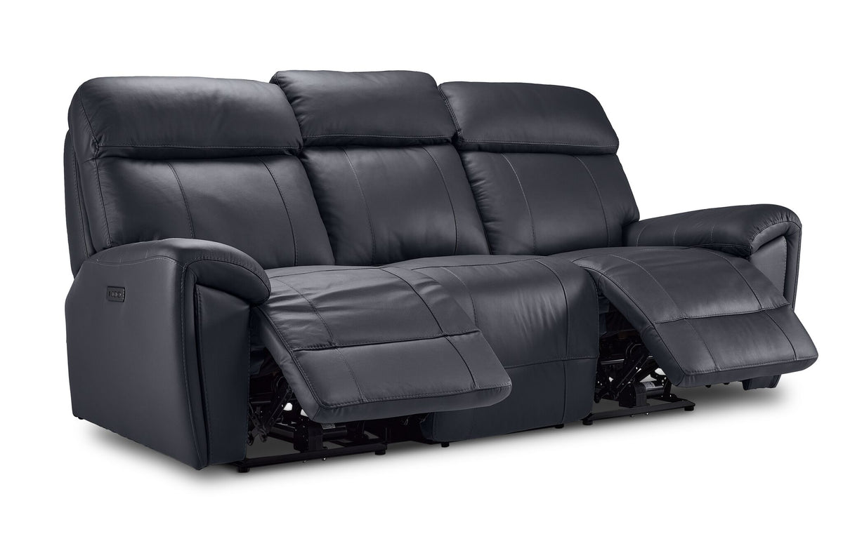 Apollo black leather reclining sofa angled view with both end footrests extended and centre seat upright