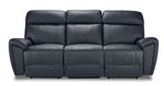 Apollo black leather dual power reclining sofa front view with three seats, plush headrests and padded arms