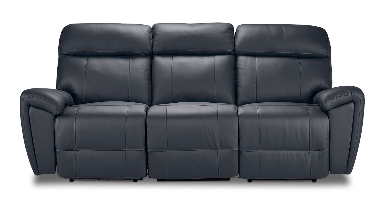 Apollo black leather dual power reclining sofa front view with three seats, plush headrests and padded arms