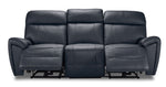 Apollo black leather reclining sofa front view with both end footrests extended and three padded headrests