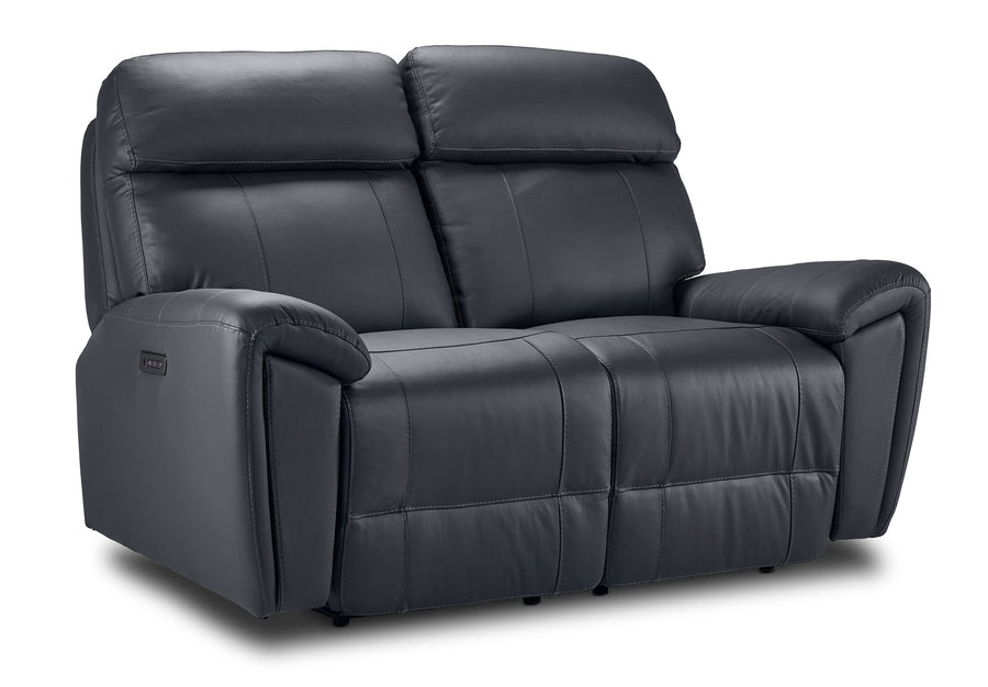 Apollo Leather Dual Power Reclining Loveseat - Black angled view with two cushioned seats, plush headrests and padded arms