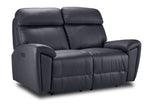 Apollo black leather dual power reclining loveseat angled view with two cushioned seats, plush headrests and padded arms