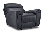 Apollo black leather glider recliner angled view with backrest reclined, adjustable headrest and footrest closed