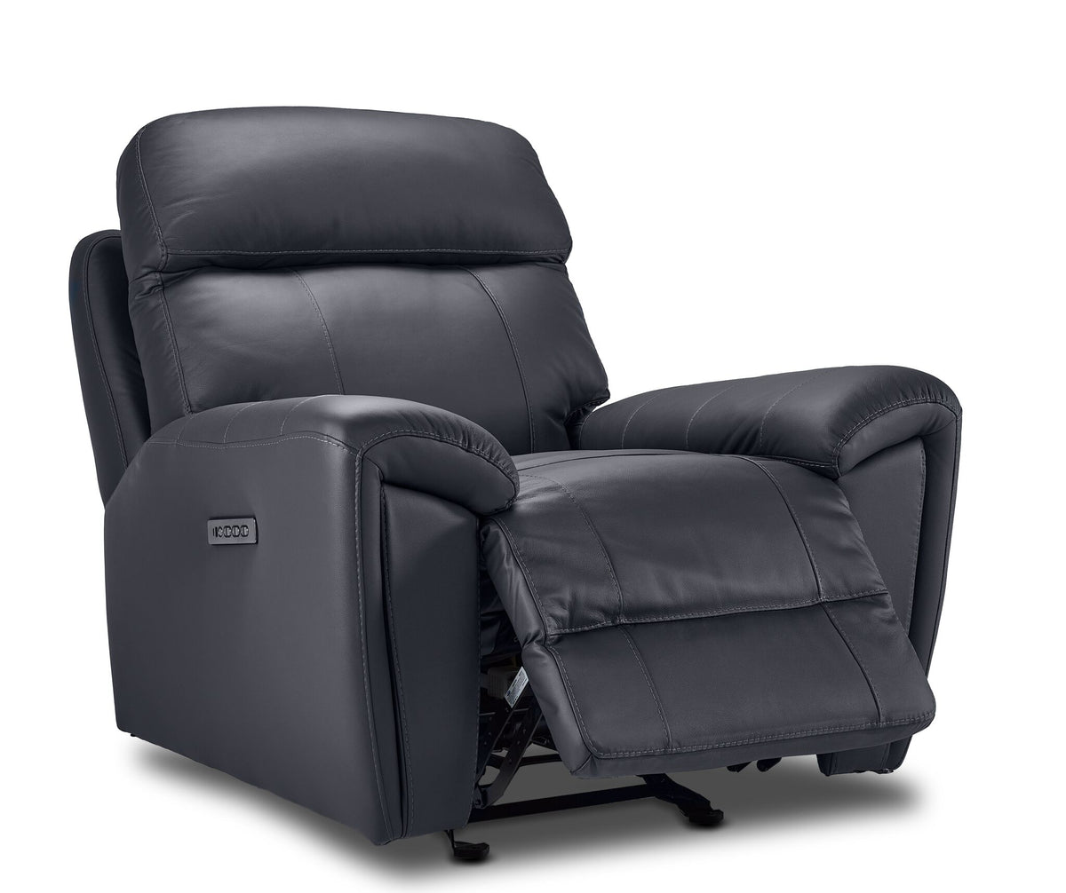 Apollo black leather glider recliner angled view with power footrest extended and plush padded seating