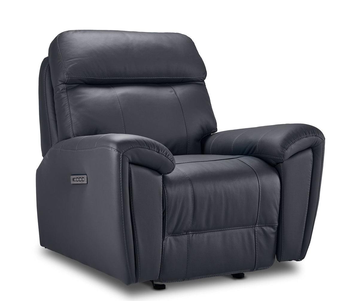 Apollo black leather dual power glider recliner angled view with plush headrest, cushioned seat and padded arms