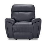 Apollo black leather glider recliner front view with plush headrest, cushioned back and padded pillow-style arms