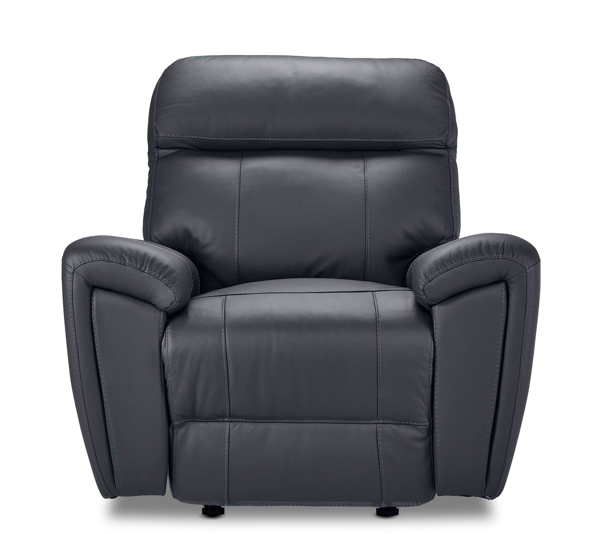 Apollo black leather glider recliner front view with plush headrest, cushioned back and padded pillow-style arms