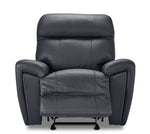 Apollo black leather glider recliner front view with power footrest extended and padded headrest