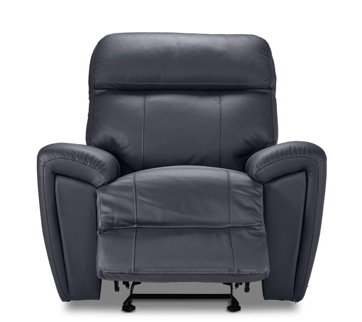 Apollo black leather glider recliner front view with power footrest extended and padded headrest