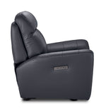 Apollo black leather glider recliner side view in upright position with side-mounted power controls