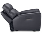 Apollo black leather glider recliner side view with backrest and adjustable headrest reclined and power controls visible