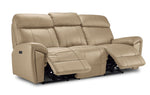 Apollo beige leather reclining sofa angled view with both end footrests extended and centre seat upright