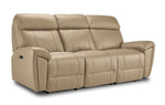 Apollo beige leather dual power reclining sofa angled view with three cushioned seats, plush headrests and padded arms