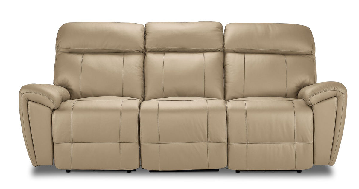 Apollo beige leather dual power reclining sofa front view with three seats, plush headrests and padded arms