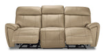 Apollo beige leather reclining sofa front view with both end footrests extended and three padded headrests