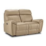 Apollo Leather Dual Power Reclining Loveseat - Beige angled view with two cushioned seats and padded arms