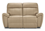 Apollo beige leather dual power reclining loveseat front view with two seats, plush headrests and padded arms