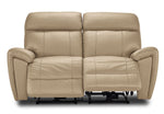Apollo beige leather reclining loveseat front view with both footrests extended and plush cushioned backs