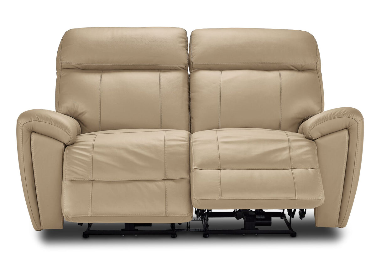Apollo beige leather reclining loveseat front view with both footrests extended and plush cushioned backs