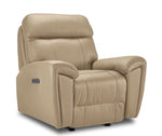 Apollo beige leather dual power glider recliner angled view with plush headrest, cushioned seat and padded arms