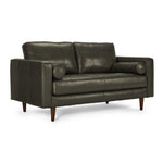 Bari Leather Loveseat in charcoal shown from a three-quarter angle with tufted seat, two back cushions, bolster pillows and tapered wood legs