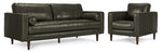 Bari charcoal leather sofa and chair set shown together with tufted seating, plush back cushions and tapered wood legs